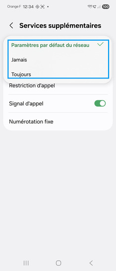 Étape 6 : Choisissez l'une des options proposées- Paramètres par défaut du réseau: votre numéro s'affichera en cas d'appel sortant.- Jamais : votre numéro n’apparaîtra pas sur le mobile de vos correspondants.- Toujours : votre numéro sera affiché sur le mobile de vos correspondants.Nous tenons à vous rassurer que cette modification est réversible à tout moment, vous permettant de choisir la confidentialité de votre numéro selon vos besoins. Nous sommes là pour vous assurer une maîtrise totale de vos communications.