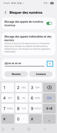 Étape 6 : Vous pouvez rajouter un contact soit par le biais des contacts soit par saisie manuelle.Dans notre exemple, saisissez le numéro du contact puis cliquez sur le symbole +.