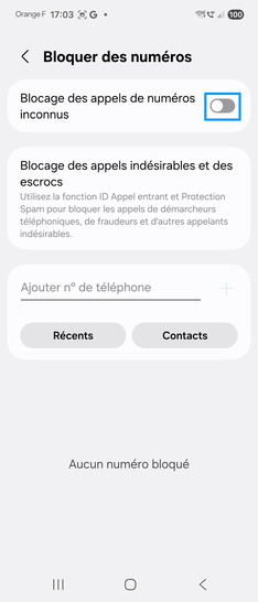 Étape 5 : Faîtes glisser le curseur Blocage des appels de numéros inconnus vers la droite.