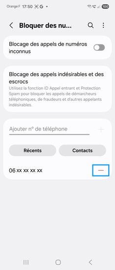 Étape 6 : Cliquez sur le sigle moins pour supprimer le contact de la liste des rejets.
