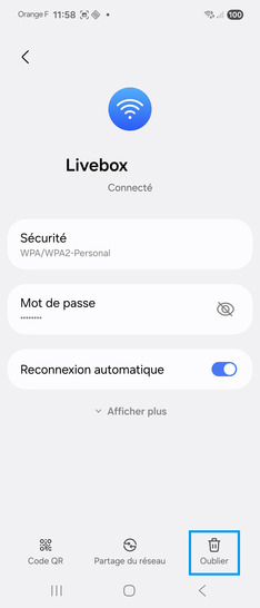 Étape 6 : Appuyez sur Oublier pour supprimer la connexion.