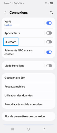Étape 5 : Cliquez sur Bluetooth.Le mobile recherche les équipements à proximité.