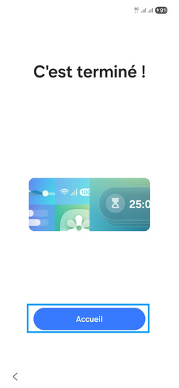 Étape 22 : Finissez avec Accueil.Après quelques instants, le mobile affiche la page d'accueil : votre mobile est prêt à l'emploi.si deux cartes SIM sont insérées dans le mobile, le gestionnaire SIM s'affichera avant la page d'accueil.