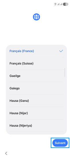 Étape 2 : Définissez une langue d'usage.Dans notre exemple, conservez le Français (surligné en bleu) et continuez avec Suivant.