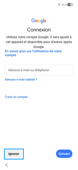 Étape 9 : Connexion à un compte Google, allez sur Ignorer.
