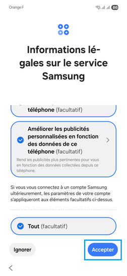 Étape 19 : Informations légales sur le service Samsung : vous pouvez tout accepter.