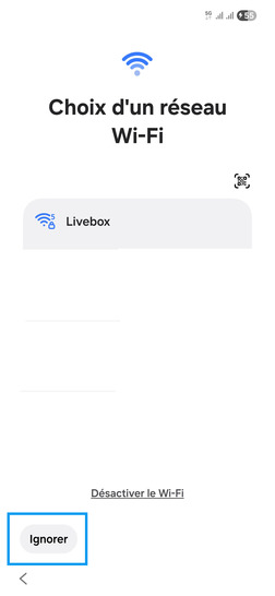 Étape 5 : Ignorez la connexion a un réseau wifi.ici, une carte SIM est utilisée, vous aurez la possibilité de vous connecter à un réseau wifi plus tard.