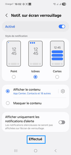 Étape 7 : Cliquez sur Effectué.Vous pouvez si vous le souhaité modifier la configuration de l'affichage des notification sur votre écran.
