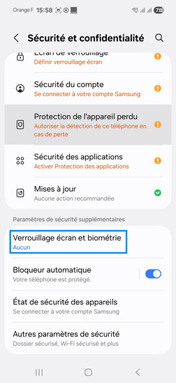 Étape 4 : Validez Verrouillage écran et biométrie.un écran apparaît et requiert la saisie du code/mot de passe/schéma paramétré lors de l'activation.