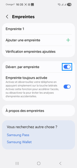 Étape 5 : Sélectionnez Empreintes.sur l'écran suivant, saisissez le code, mot de passe, schéma créé lors de l'activation.