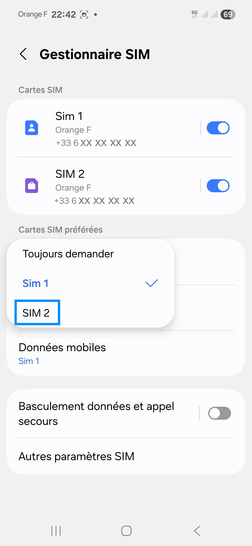Étape 6 : Choisissez la carte SIM (ici, SIM 2).