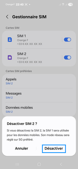 Étape 6 : Confirmez votre choix avec Désactiver.