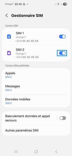 Étape 5 : Sélectionnez le bouton virtuel correspondant à la carte SIM à désactiver.dans le cadre de notre démonstration, la SIM 2.
