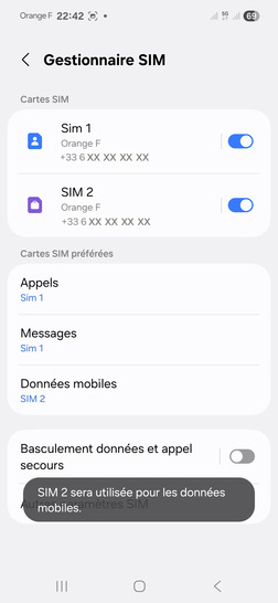 Étape 7 : La seconde carte SIM est définie pour les données mobiles.une brève confirmation apparaît au bas de l'écran.Nous sommes ravis de vous avoir aidé à paramétrer vos données mobiles. Si vous avez d'autres questions ou besoins, n'hésitez pas à consulter nos autres FAQs
