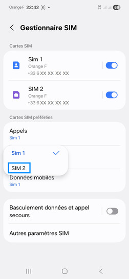Étape 6 : Choisissez l'autre carte SIM.dans notre exemple, SIM 2.
