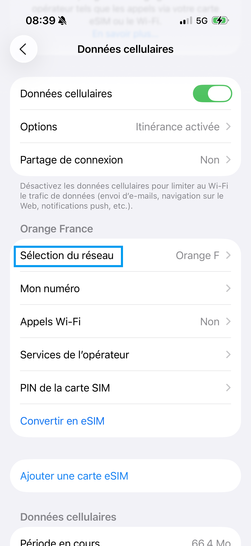 Étape 8 : Choisissez Sélection du réseau.
