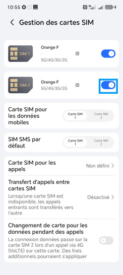 Étape 4 : Allez sur le bouton virtuel correspondant à la SIM à désactiver.Ici, pour exemple, celui de la SIM 2.au bas de l'écran, apparaît très brièvement la mention Désactivation de la carte SIM 2 en cours. Veuillez patienter.