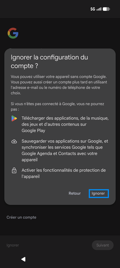 Étape 10 : Confirmez votre choix avec Ignorer.L'étape suivante propose de définir un code, choisissez Ignorer