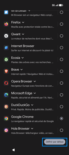 Étape 15 : Sélectionnez le navigateur et appuyez sur Définir par défaut.