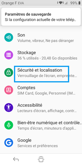 Étape 3 : Choisissez Sécurité et localisation.