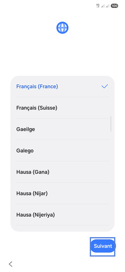 Étape 2 : Choisissez la langue d'utilisation (exemple Français) puis poursuivez avec Suivant.accessoirement associée à un(e) pays/région.