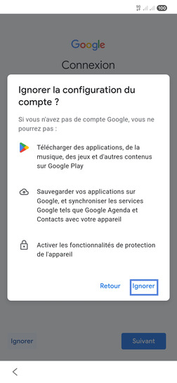 Étape 9 : Confirmez Ignorer la configuration d'un compte Google.
