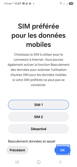 Étape 25 : Définissez une carte SIM pour les données mobiles et validez avec OK.