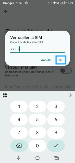 Étape 7 : Après saisie du code PIN correspondant à la SIM utilisée, validez avec OK.