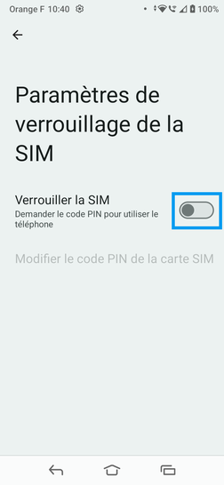 Étape 6 : Allez sur le bouton virtuel correspondant à Verrouiller la SIM pour en activer la demande : il glisse vers la droite et son pourtour devient bleu.