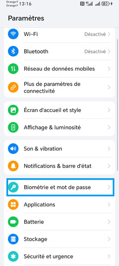 Étape 2 : Choisissez Biométrie et mot de passe.