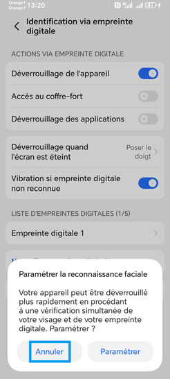 Étape 10 : Possibilité de paramétrer la reconnaissance faciale.dans notre exemple, sélectionnez Annuler.