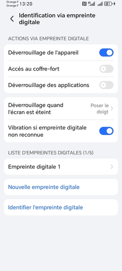 Étape 11 : Votre empreinte est désormais enregistrée, et le déverrouillage de votre mobile par cette méthode est activé.Si vous désirez ajouter une autre empreinte, cliquez sur Nouvelle empreinte digitale et répétez le processus.Nous sommes ravis de vous accompagner dans la mise en place de cette fonctionnalité qui allie sécurité et confort. Votre confiance est notre priorité.