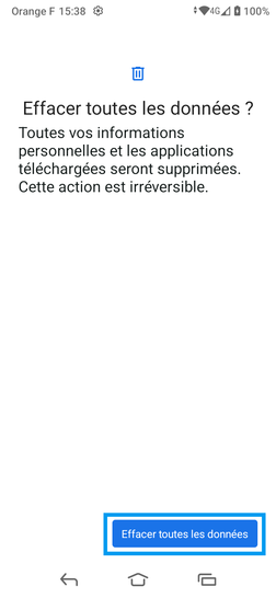 Étape 8 : Terminez en confirmant Effacer toutes les données.Patientez pendant la réinitialisation... Le mobile redémarre.Nous sommes à vos côtés pour vous accompagner dans cette démarche et vous assurer un retour à l'efficacité de votre appareil.