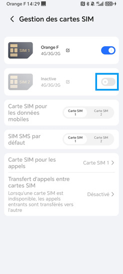 Étape 4 : Faîtes glisser le curseur de la carte SIM (SIM 2) désactivé vers la droite : il glisse vers la droite et devient bleu.