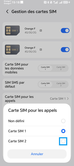 Étape 5 : Attribuez la gestion des appels à une carte (SIM 2).