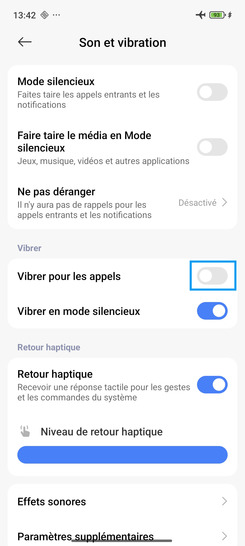 Étape 3 : Faîtes glisser le curseur Vibrer pour mes appels vers la droite pour activer le mode vibreur.