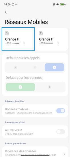 Étape 3 : Sélectionnez une carte SIM (exemple : SIM 1).