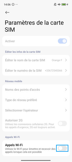 Étape 4 : Faîtes glisser le curseur Appels Wi-Fi vers la droite pour activer les papels Wi-Fi à partir de la SIM.