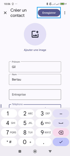 Étape 5 : Saisissez les informations du contact puis validez-les avec Enregistrer.