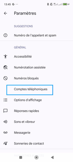 Étape 4 : Choisissez Comptes téléphoniques.