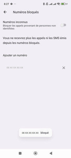 Étape 7 : Le numéro désigné est maintenant listé dans les Numéros bloqués.Vous pouvez aussi bloquer un numéro à partir du journal d'appel.Nous sommes à vos côtés pour assurer que votre expérience de communication reste sereine et sécurisée.