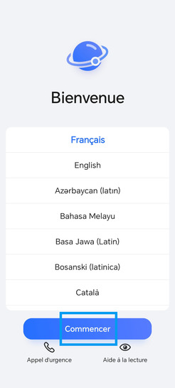 Étape 1 : Allez sur Commencer (si vous conserver le Français comme langue d'utilisation).choisissez une autre langue, le cas échéant.