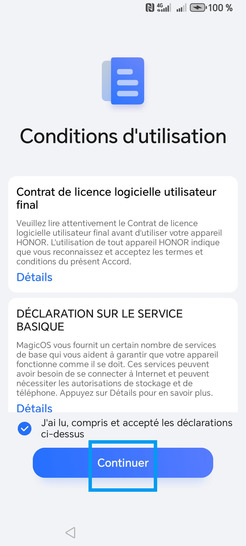 Étape 3 : Cochez les Conditions d'utilisation correspondant à J'ai lu, compris et accepté les déclarations ci-dessus puis cliquez sur Continuer.