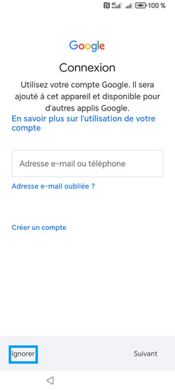 Étape 7 : Connexion à un compte Google : dans le cadre de notre démonstration, sélectionnez Ignorer.