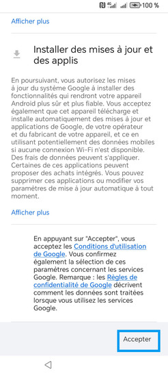 Étape 10 : Gérez les Services Google relatifs à la Maintenance de l'appareil, continuez avec Plus, puis validez avec Accepter en fin de défilement.