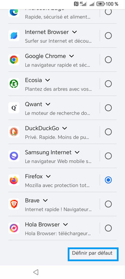 Étape 12 : Sélectionnez un navigateur avant de cliquer Définir par défaut.