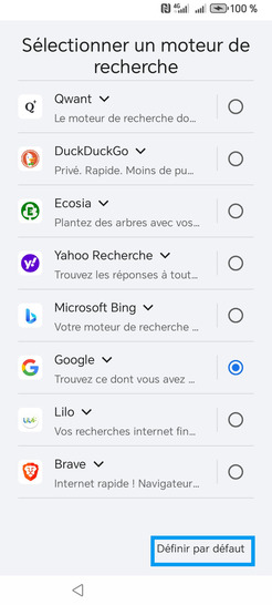 Étape 13 : Choisissez un moteur de recherche avant de Définir par défaut.