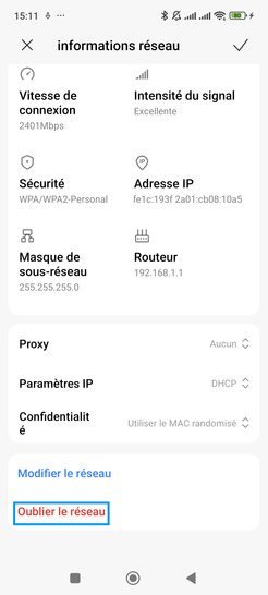 Étape 4 : Sélectionnez Oublier le réseau.