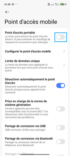 Étape 3 : Faites glisser le curseur Point d'accès portable vers la droite pour activer la fonction.