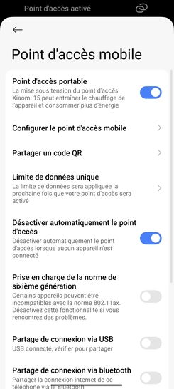 Étape 4 : Le partage de connexion est activé (le curseur est bleu).Pour désactiver la fonction, faîte glisser le curseur Point d'accès portable vers la gauche.Nous sommes là pour vous assurer une transition fluide et sans souci, que vous souhaitiez connecter une tablette, un autre mobile ou un ordinateur.